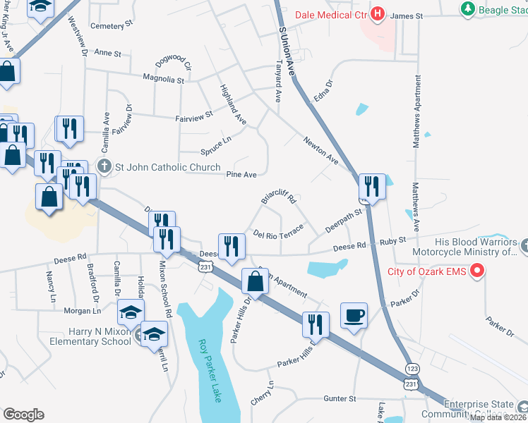 map of restaurants, bars, coffee shops, grocery stores, and more near 421 Briarcliff Road in Ozark