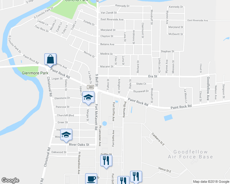 map of restaurants, bars, coffee shops, grocery stores, and more near 1536 Cleo Street in San Angelo