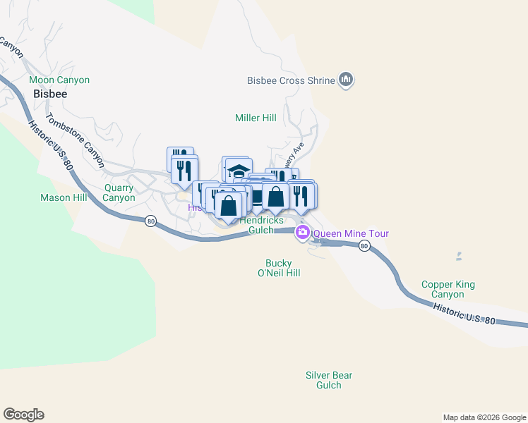 map of restaurants, bars, coffee shops, grocery stores, and more near 27 Subway Street in Bisbee