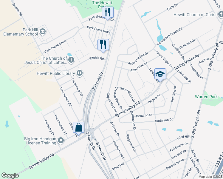 map of restaurants, bars, coffee shops, grocery stores, and more near 912 Crested Butte Drive in Hewitt