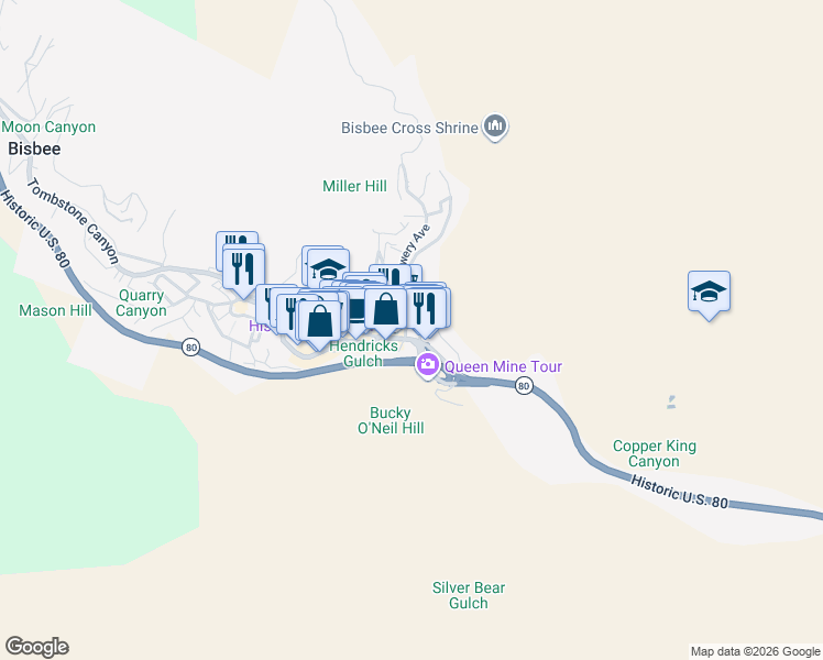 map of restaurants, bars, coffee shops, grocery stores, and more near 5 Howell Avenue in Bisbee