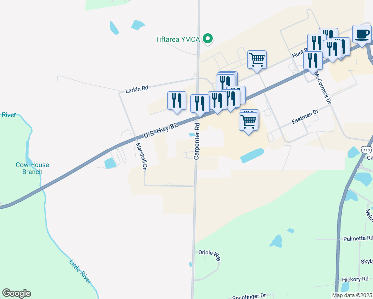 map of restaurants, bars, coffee shops, grocery stores, and more near 2510 Carpenter Road in Tifton