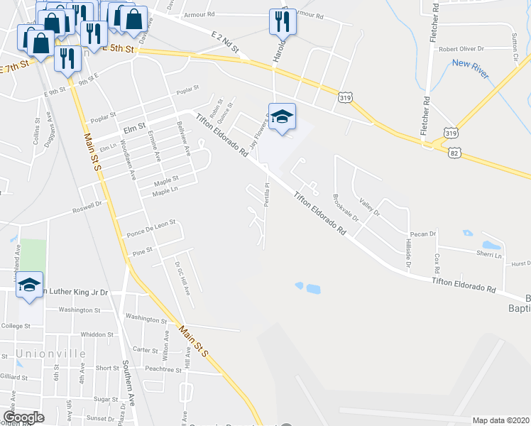 map of restaurants, bars, coffee shops, grocery stores, and more near 50 Pertilla Place in Tifton