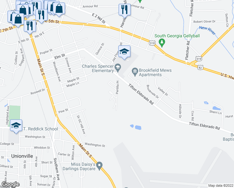 map of restaurants, bars, coffee shops, grocery stores, and more near Pertilla Place in Tifton