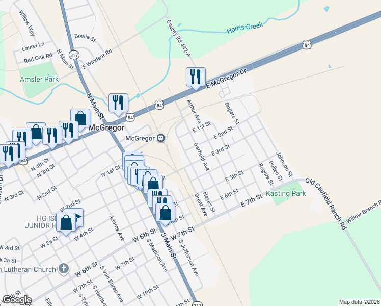 map of restaurants, bars, coffee shops, grocery stores, and more near 213 Hayes Ave in McGregor