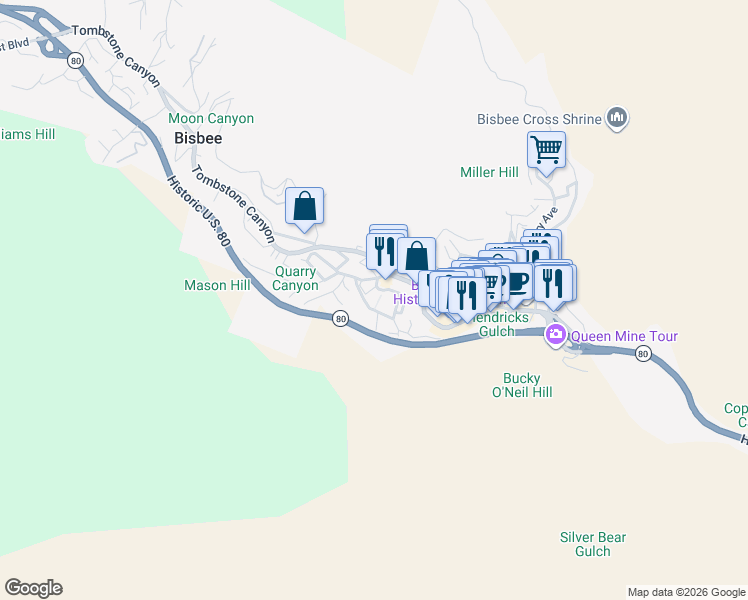map of restaurants, bars, coffee shops, grocery stores, and more near 1 Higgins Avenue in Bisbee
