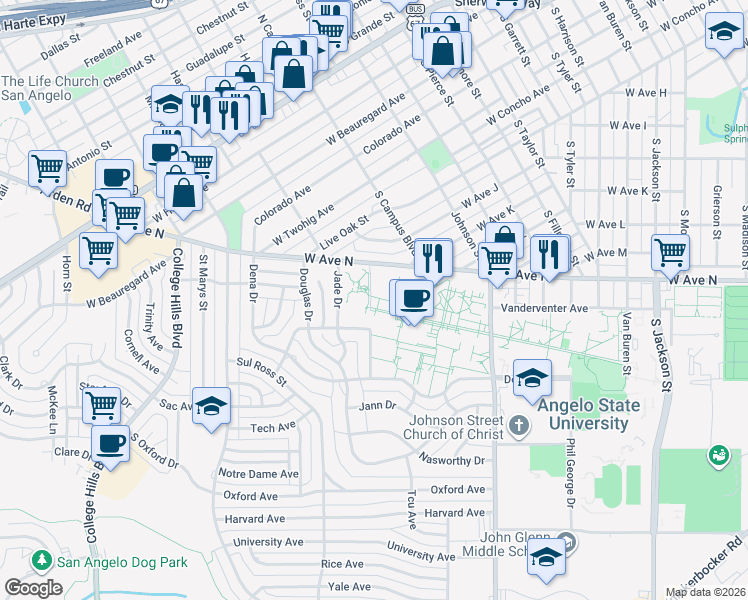 map of restaurants, bars, coffee shops, grocery stores, and more near 1910 Rosemont Drive in San Angelo