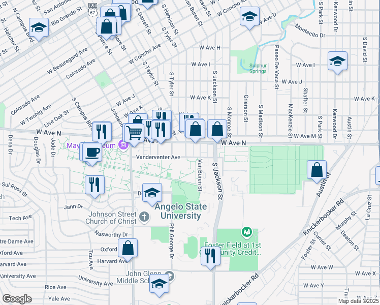 map of restaurants, bars, coffee shops, grocery stores, and more near 1812 West Avenue N in San Angelo