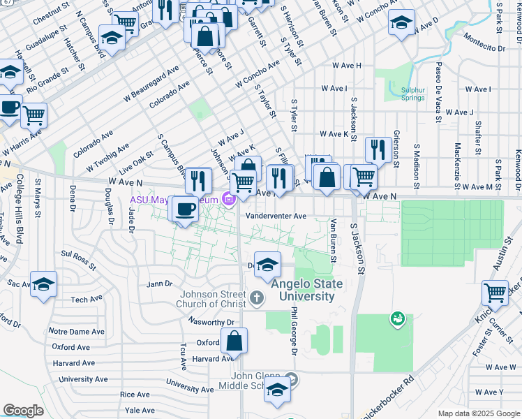 map of restaurants, bars, coffee shops, grocery stores, and more near 2411 Johnson Avenue in San Angelo