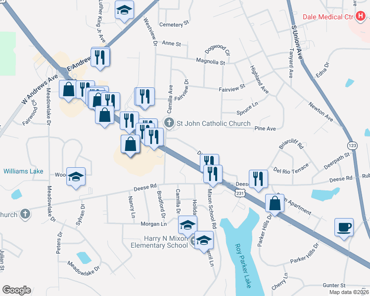 map of restaurants, bars, coffee shops, grocery stores, and more near 207 Dixie Drive in Ozark