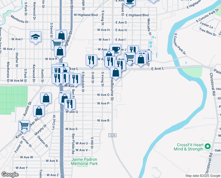 map of restaurants, bars, coffee shops, grocery stores, and more near 7 West Avenue N in San Angelo