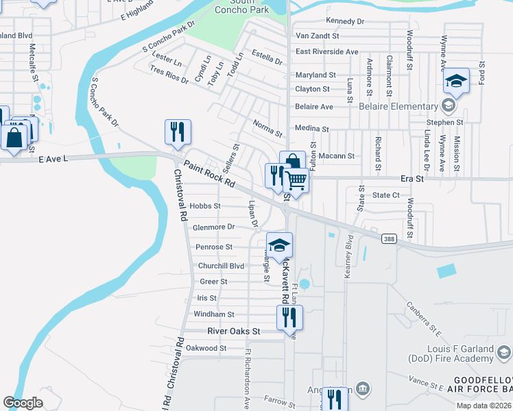 map of restaurants, bars, coffee shops, grocery stores, and more near 219 Paint Rock Road in San Angelo