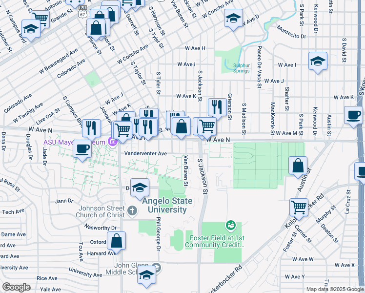 map of restaurants, bars, coffee shops, grocery stores, and more near 1812 West Avenue N in San Angelo
