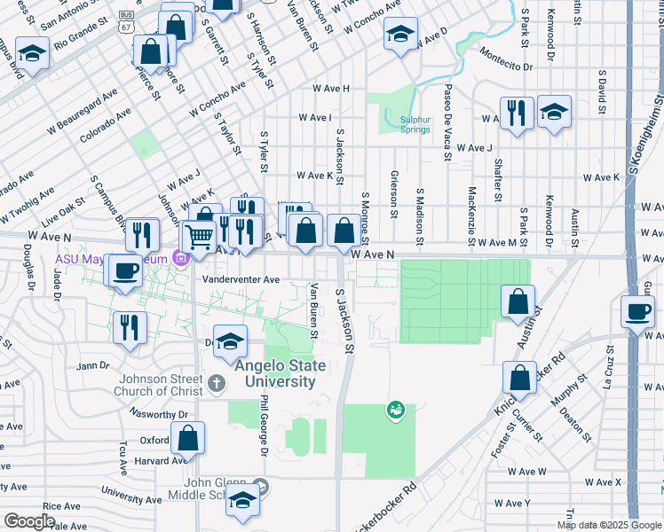 map of restaurants, bars, coffee shops, grocery stores, and more near 1702 West Avenue N in San Angelo