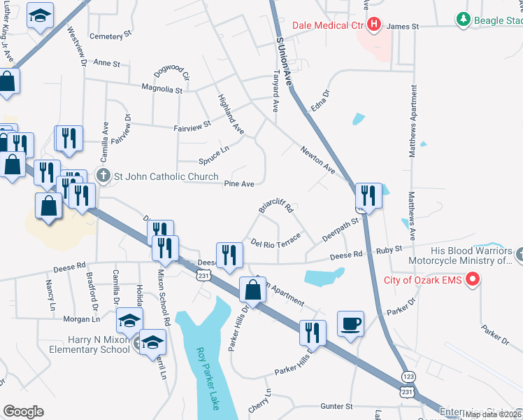 map of restaurants, bars, coffee shops, grocery stores, and more near 100-198 Foy Ln in Ozark