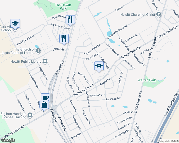 map of restaurants, bars, coffee shops, grocery stores, and more near 926 Vail Highlands in Hewitt