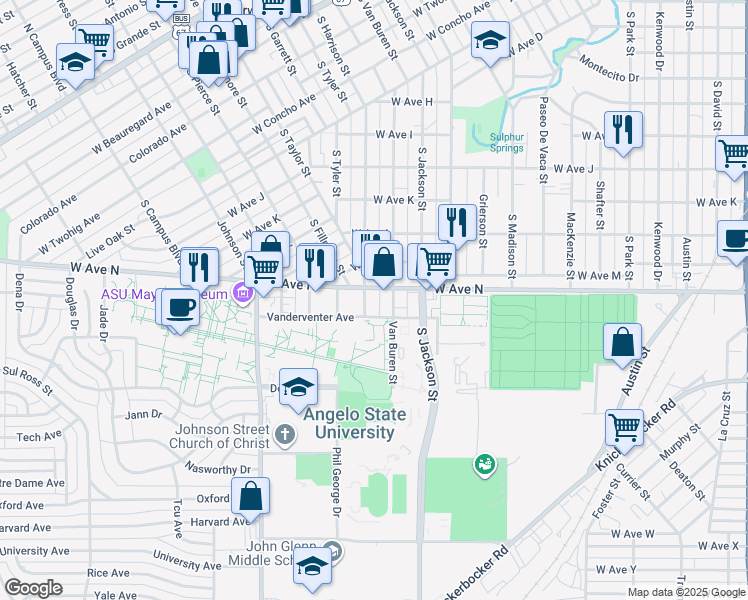 map of restaurants, bars, coffee shops, grocery stores, and more near 1812 West Avenue N in San Angelo