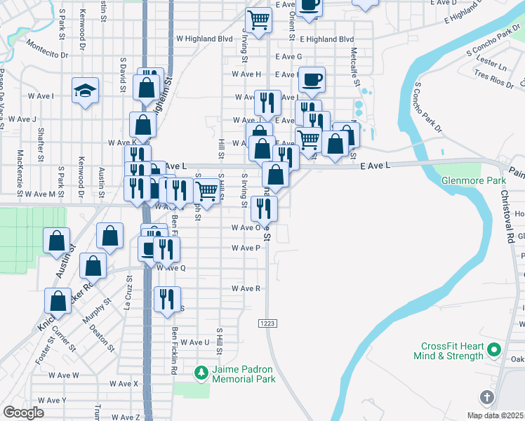 map of restaurants, bars, coffee shops, grocery stores, and more near 7 West Avenue N in San Angelo