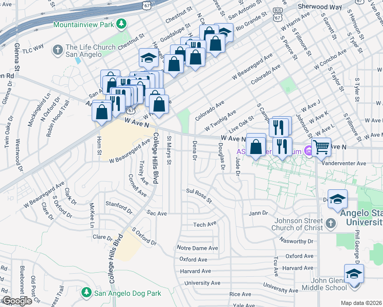 map of restaurants, bars, coffee shops, grocery stores, and more near 2812 Patrick Street in San Angelo