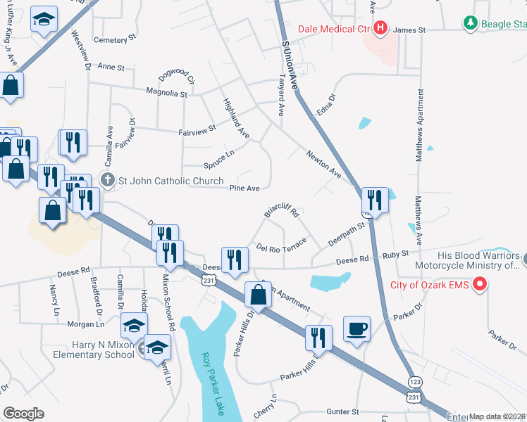 map of restaurants, bars, coffee shops, grocery stores, and more near 198 Foy Ln in Ozark