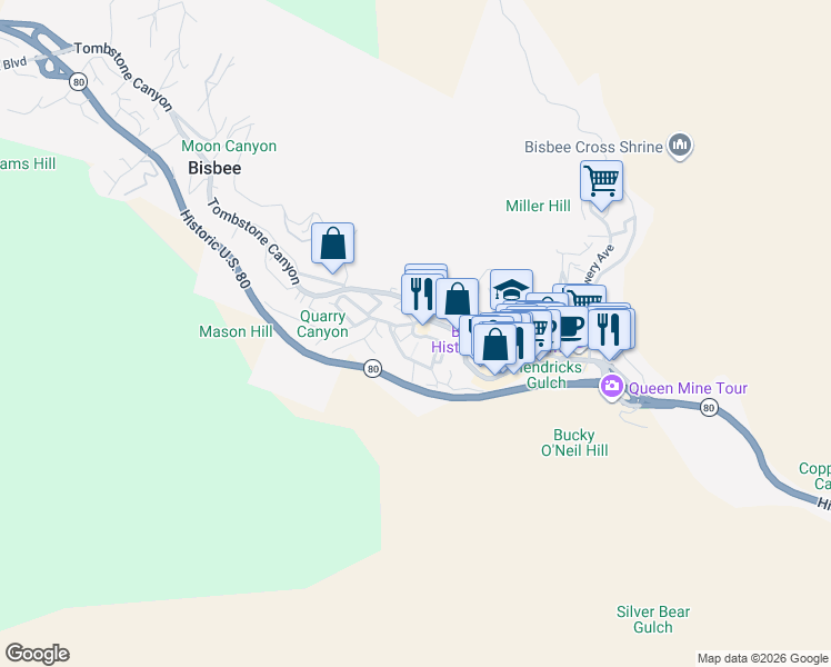 map of restaurants, bars, coffee shops, grocery stores, and more near 200 Tombstone Canyon in Bisbee