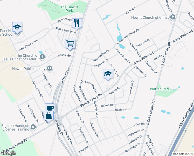 map of restaurants, bars, coffee shops, grocery stores, and more near 926 Vail Highlands Circle in Hewitt