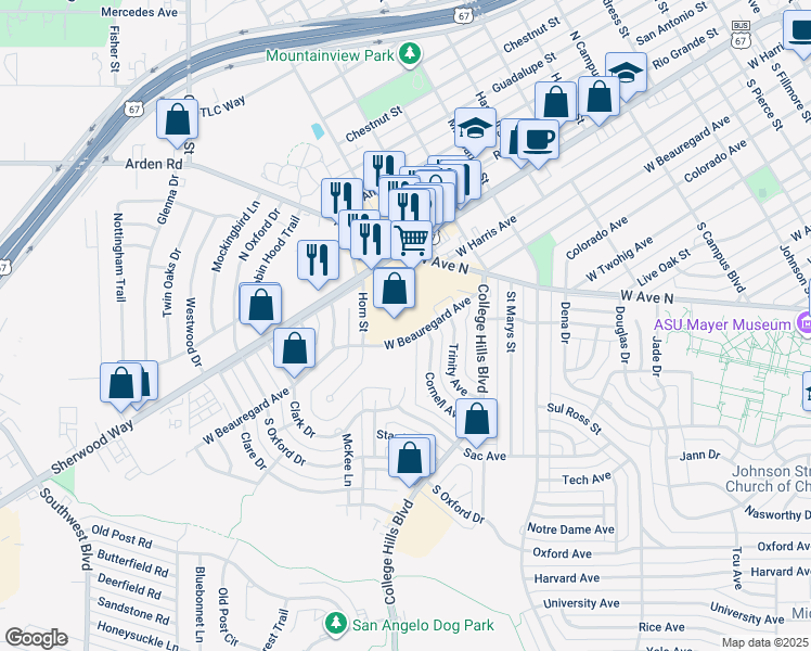 map of restaurants, bars, coffee shops, grocery stores, and more near 3201-3299 W Beauregard Ave in San Angelo