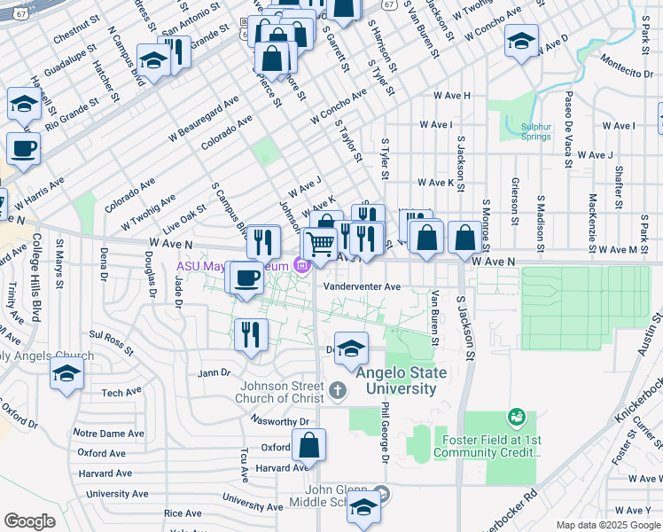 map of restaurants, bars, coffee shops, grocery stores, and more near 1809 South Lincoln Street in San Angelo