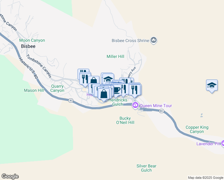 map of restaurants, bars, coffee shops, grocery stores, and more near 100 Clawson Avenue in Bisbee
