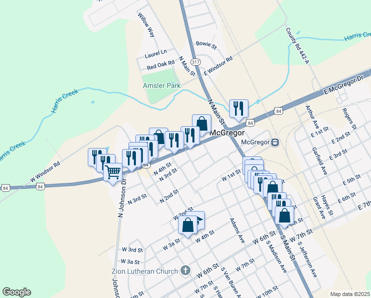 map of restaurants, bars, coffee shops, grocery stores, and more near 651 West McGregor Drive in McGregor