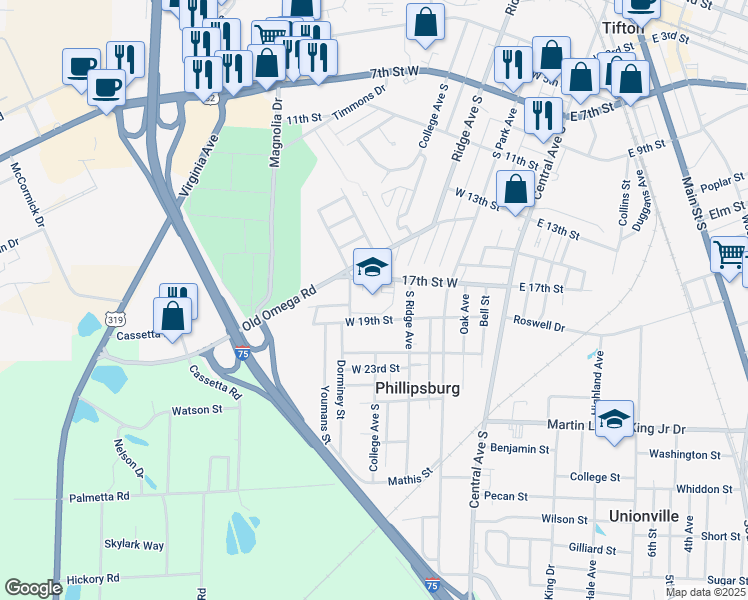map of restaurants, bars, coffee shops, grocery stores, and more near 510 17th Street West in Tifton