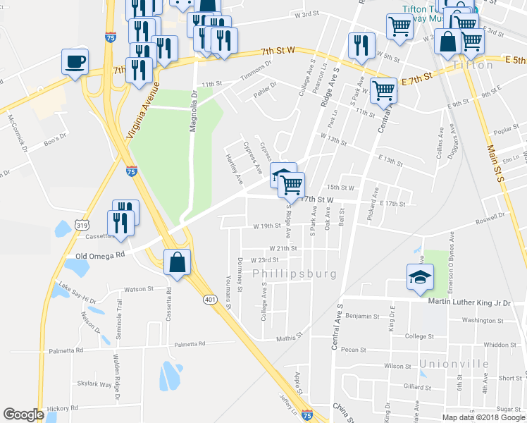 map of restaurants, bars, coffee shops, grocery stores, and more near 510 17th Street West in Tifton