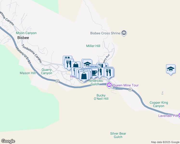 map of restaurants, bars, coffee shops, grocery stores, and more near 100 Clawson Avenue in Bisbee