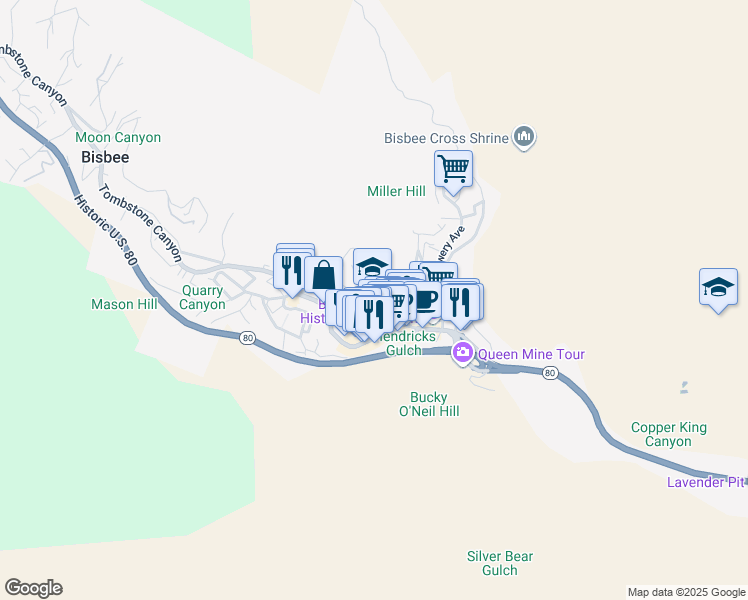map of restaurants, bars, coffee shops, grocery stores, and more near 100 Clawson Avenue in Bisbee