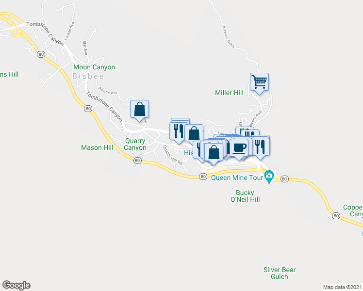 map of restaurants, bars, coffee shops, grocery stores, and more near 200 Tombstone Canyon in Bisbee
