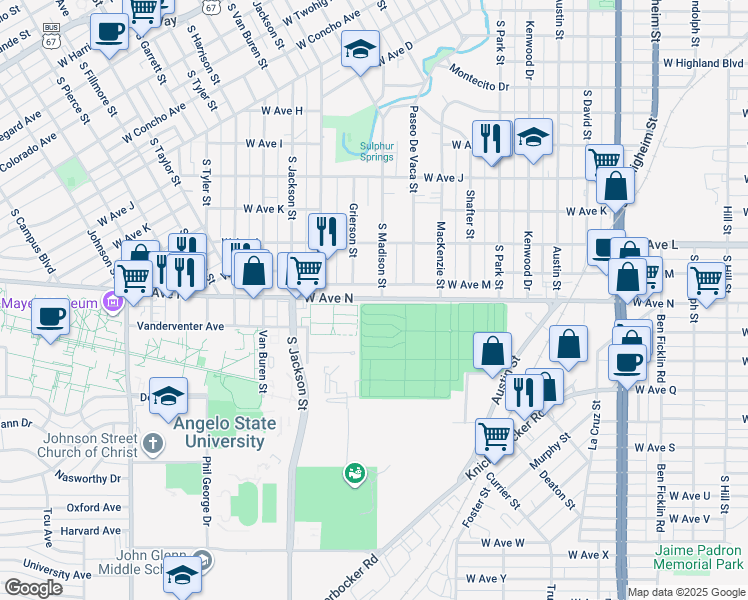 map of restaurants, bars, coffee shops, grocery stores, and more near 1415 West Avenue N in San Angelo