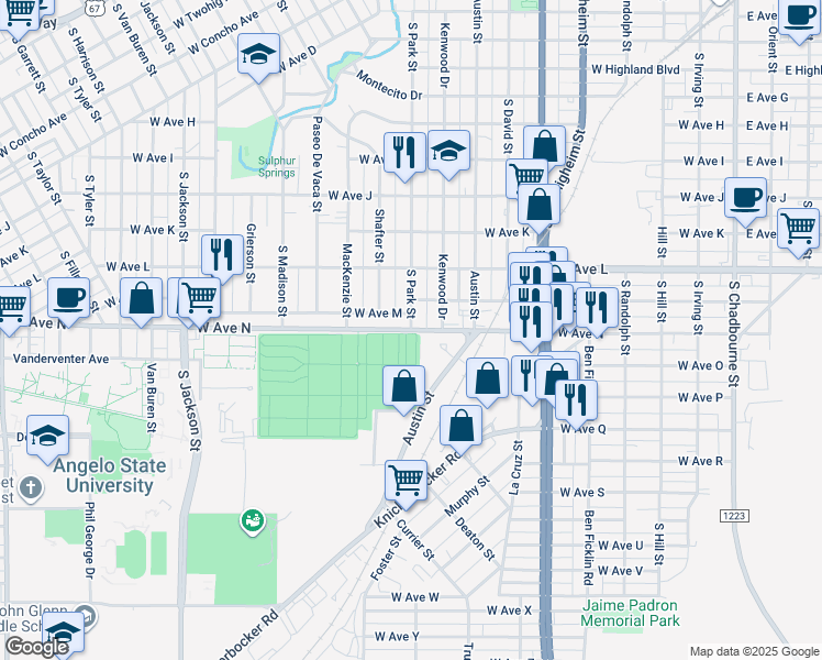map of restaurants, bars, coffee shops, grocery stores, and more near 900 West Avenue N in San Angelo