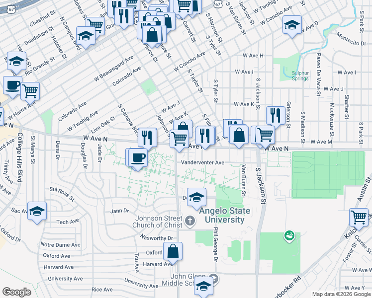 map of restaurants, bars, coffee shops, grocery stores, and more near 2411 Johnson Avenue in San Angelo