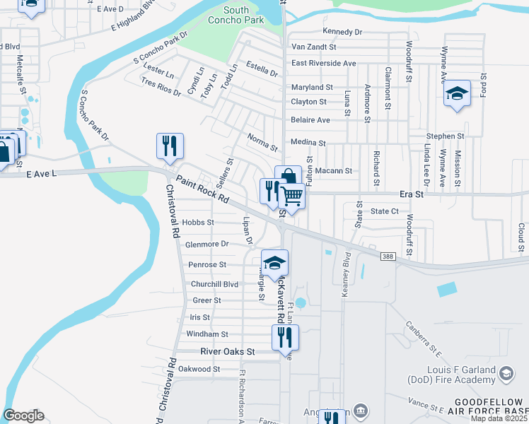 map of restaurants, bars, coffee shops, grocery stores, and more near 203 La Salle Drive in San Angelo