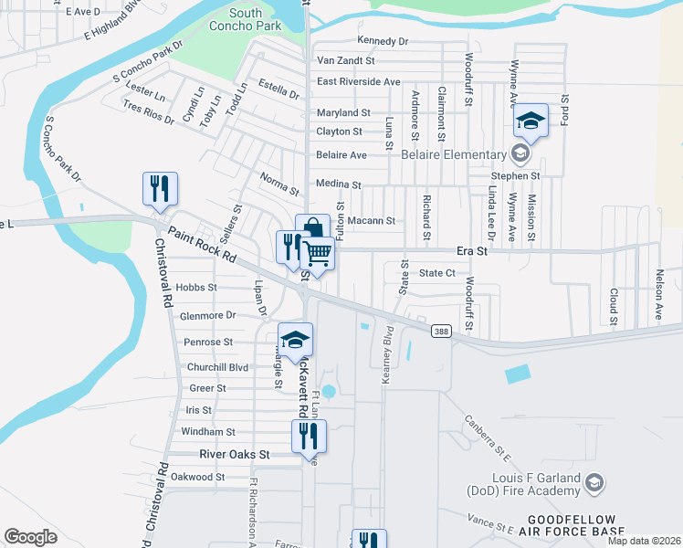 map of restaurants, bars, coffee shops, grocery stores, and more near 1516 Fulton Street in San Angelo