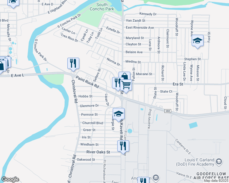 map of restaurants, bars, coffee shops, grocery stores, and more near 203 La Salle Drive in San Angelo