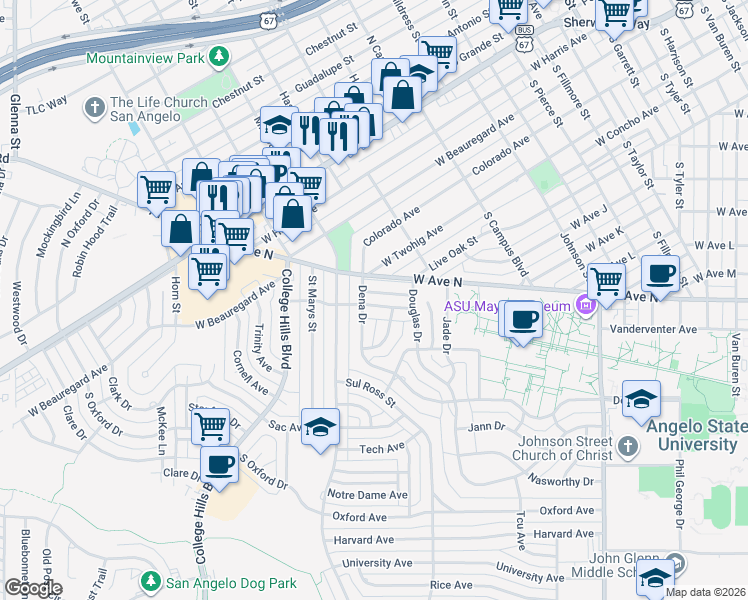 map of restaurants, bars, coffee shops, grocery stores, and more near 2812 Patrick Street in San Angelo