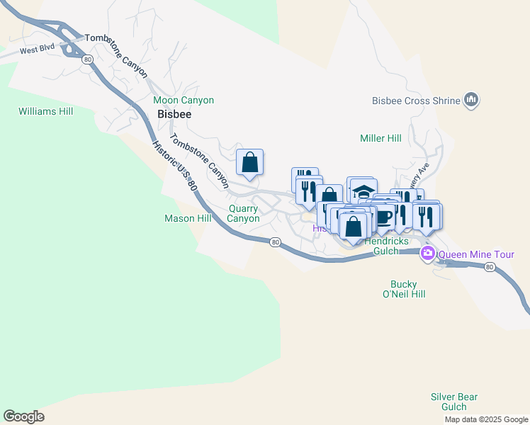 map of restaurants, bars, coffee shops, grocery stores, and more near 301 Oak Avenue in Bisbee