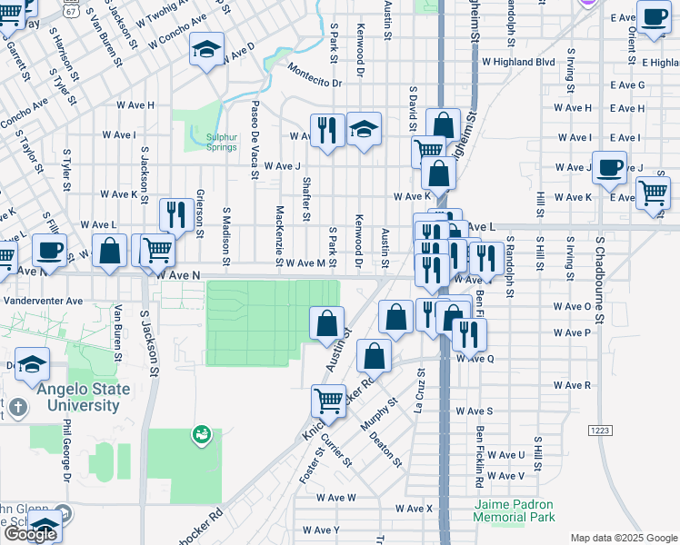 map of restaurants, bars, coffee shops, grocery stores, and more near 900 West Avenue N in San Angelo
