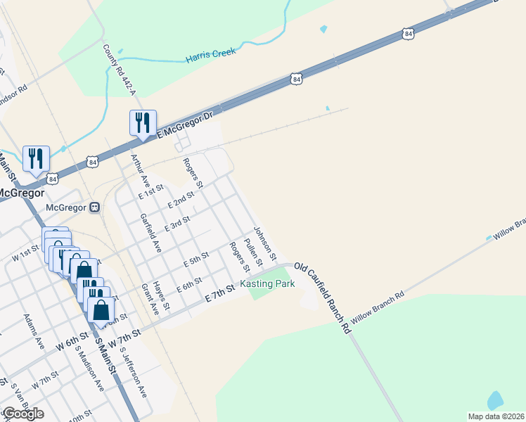 map of restaurants, bars, coffee shops, grocery stores, and more near in McGregor