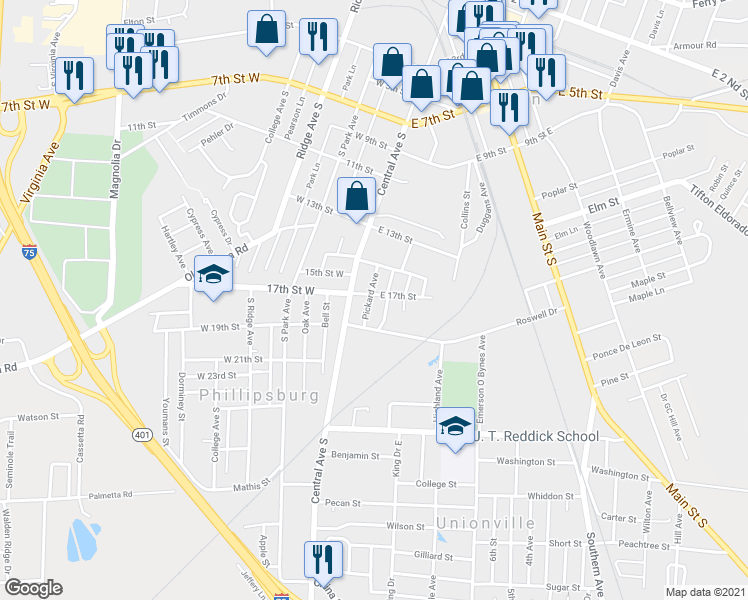 map of restaurants, bars, coffee shops, grocery stores, and more near 110 East 17th Street in Tifton