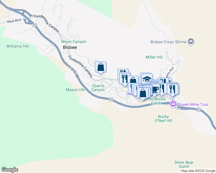 map of restaurants, bars, coffee shops, grocery stores, and more near 301 Oak Avenue in Bisbee