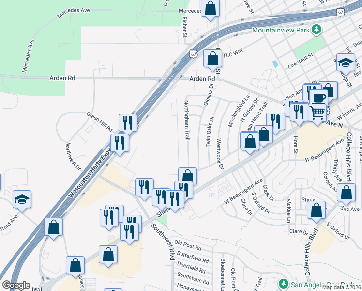 map of restaurants, bars, coffee shops, grocery stores, and more near 101-299 Nottingham Rd in San Angelo