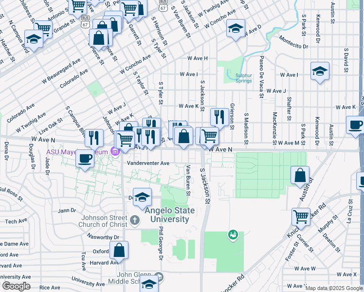 map of restaurants, bars, coffee shops, grocery stores, and more near 1812 West Avenue N in San Angelo