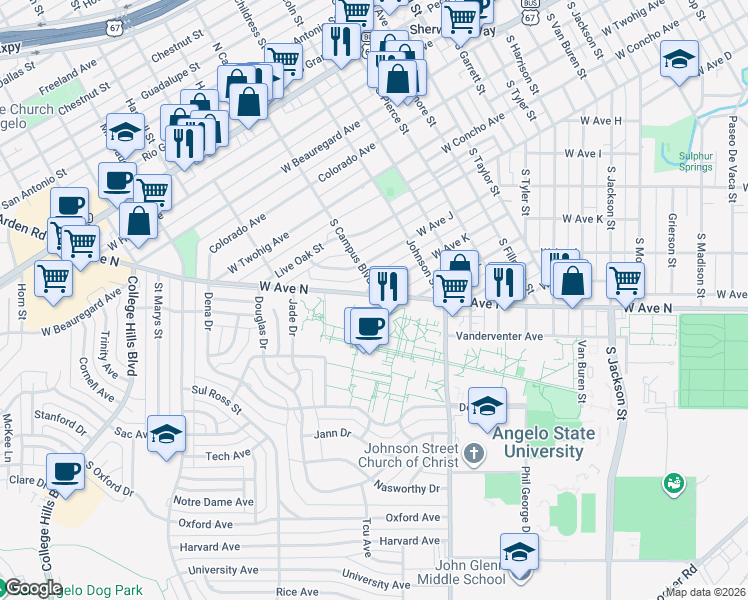 map of restaurants, bars, coffee shops, grocery stores, and more near 2601 West Avenue N in San Angelo
